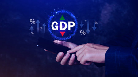 GDP business concept, GDP Gross Domestic Product Gross Domestic Product GDP improvement concept, Arrow and charts, Business growth measure for size of economy compiled for country.の写真素材
