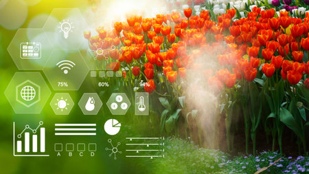 Field of colorful tulips, blooming flowers with infographics, Smart farming and precision...