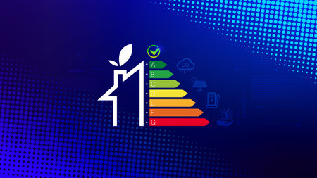 Energy efficiency concept, energy efficiency rating for energy efficient house building rate label audit, Renewable energy concept. for background.の写真素材
