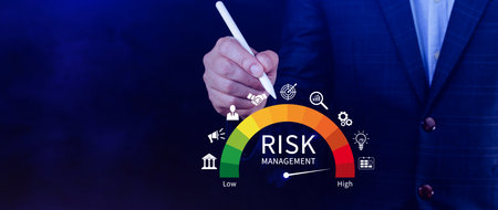 RISK concept, analyzing risk and opportunities to planning business via risk level indicator virtual rating low to high digital virtual, Risk management strategies concept.の写真素材