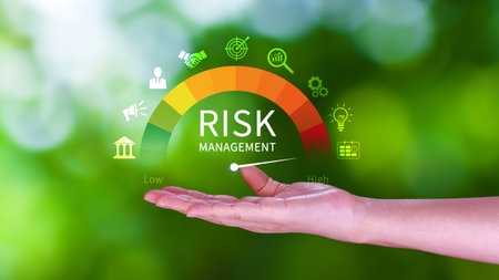 RISK concept, analyzing risk and opportunities to planning business via risk level indicator virtual rating low to high digital virtual, Risk management strategies concept.の写真素材