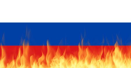 Russian flag national flags on Fire, Conflict between countries, deterioration of diplomatic relations. Confliction and crisis concept.の写真素材