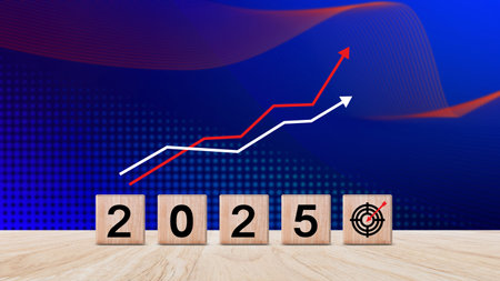 2025 goal plan action, Business plan and strategies, Annual plan and development for achieving golas, Goal achievement and challenge success in 2025 on wooden cubeの写真素材