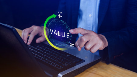 Increase value service, growth value, company value added, business leverage valuable ERP systems growth concept, digital marketing leadership success target, UUID, FaaSの写真素材