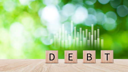 Debt growth for debt reduction concept, growth of public debt on wooden cube, Delve deeper the complex concept of debt and significant impact on effectively managing personal finances.の写真素材