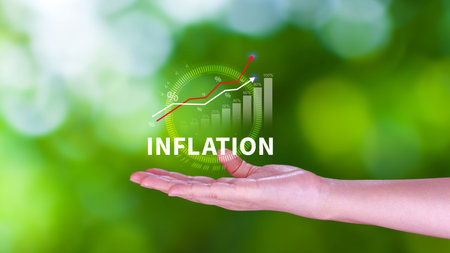 Inflation rate hike percentage concept. economic direction Concept of reducing purchasing power from inflation, Considering raising interest rates. Global economy, bankruptcy and controlling inflation.の写真素材