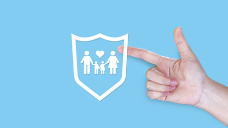 Insurance concept, protective gesture and family, life, health and house insurance icons, Family life insurance and policy concepts, hospital, medical treatment.の写真素材