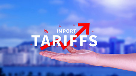 Import tariffs increase concept, Government import tax to boost economy, Industrial growth tax, Trade import tax increase, Trade war policy for developmentの写真素材