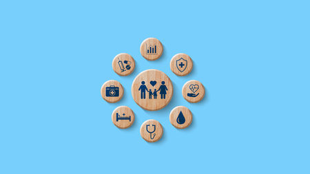 Health Insurance and medical care concept, wooden blocks displaying health related icons, medical...