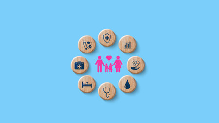 Health Insurance and medical care concept, wooden blocks displaying health related icons, medical...