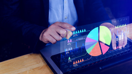 Market research and marketing analysis with Ai technology. customer surveys and statistics. analysts touch on pie charts and graphs, financial growth graph chart report, Business planningの写真素材