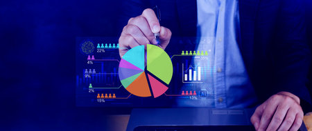 Market research and marketing analysis with Ai technology. customer surveys and statistics. analysts touch on pie charts and graphs, financial growth graph chart report, Business planningの写真素材