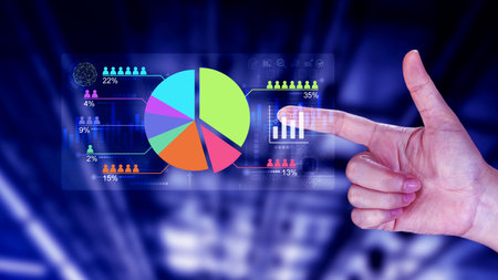 Market research and marketing analysis with Ai technology. customer surveys and statistics. analysts touch on pie charts and graphs, financial growth graph chart report, Business planningの写真素材