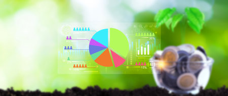 Market research and marketing analysis with Ai technology. customer surveys and statistics. analysts touch on pie charts and graphs, financial growth graph chart report, Business planningの写真素材