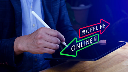 Online vs offline business sales or marketing strategy concept, Transition from offline to online in commerce business.の写真素材