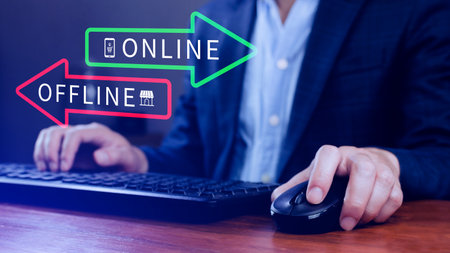 Online vs offline business sales or marketing strategy concept, Transition from offline to online in commerce business.の写真素材