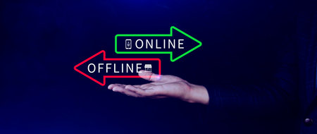 Online vs offline business sales or marketing strategy concept, Transition from offline to online in commerce business.の写真素材