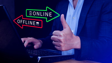 Online vs offline business sales or marketing strategy concept, Transition from offline to online in commerce business.の写真素材