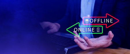Online vs offline business sales or marketing strategy concept, Transition from offline to online in commerce business.の写真素材