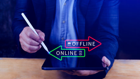 Online vs offline business sales or marketing strategy concept, Transition from offline to online in commerce business.の写真素材