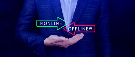 Online vs offline business sales or marketing strategy concept, Transition from offline to online in commerce business.の写真素材