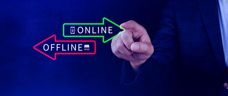Online vs offline business sales or marketing strategy concept, Transition from offline to online in...