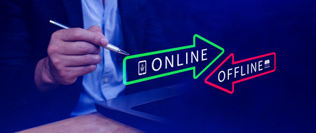Online vs offline business sales or marketing strategy concept, Transition from offline to online in commerce business.の写真素材