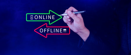 Online vs offline business sales or marketing strategy concept, Transition from offline to online in commerce business.の写真素材