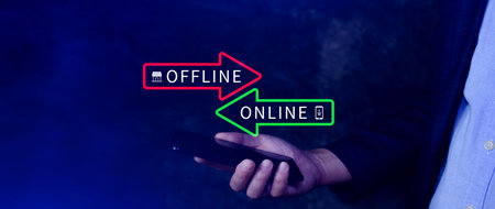 Online vs offline business sales or marketing strategy concept, Transition from offline to online in commerce business.の写真素材