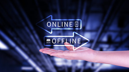 Online vs offline business sales or marketing strategy concept, Transition from offline to online in...