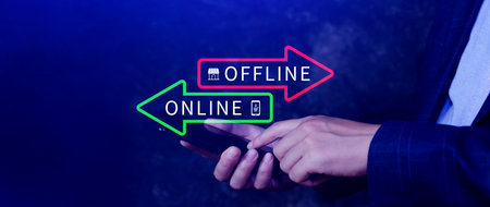 Online vs offline business sales or marketing strategy concept, Transition from offline to online in...