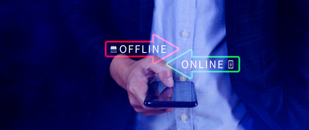 Online vs offline business sales or marketing strategy concept, Transition from offline to online in commerce business.の写真素材