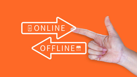 Online vs offline business sales or marketing strategy concept, Transition from offline to online in commerce business.の写真素材