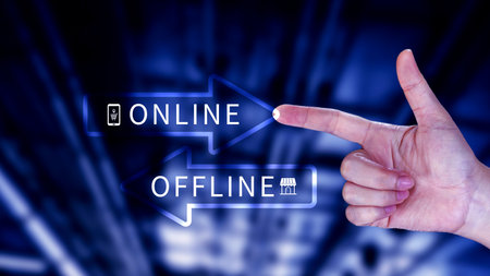 Online vs offline business sales or marketing strategy concept, Transition from offline to online in commerce business.の写真素材