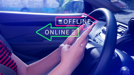 Online vs offline business sales or marketing strategy concept, Transition from offline to online in commerce business.の写真素材