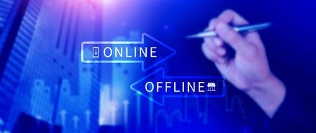 Online vs offline business sales or marketing strategy concept, Transition from offline to online in commerce business.の写真素材