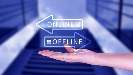 Online vs offline business sales or marketing strategy concept, Transition from offline to online in commerce business.の写真素材