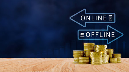 Online vs offline business sales or marketing strategy concept, Transition from offline to online in commerce business.の写真素材