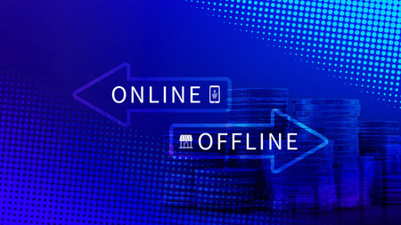 Online vs offline business sales or marketing strategy concept, Transition from offline to online in...
