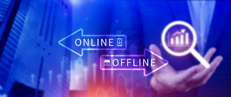 Online vs offline business sales or marketing strategy concept, Transition from offline to online in commerce business.の写真素材
