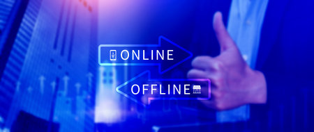 Online vs offline business sales or marketing strategy concept, Transition from offline to online in...