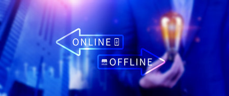 Online vs offline business sales or marketing strategy concept, Transition from offline to online in commerce business.の写真素材