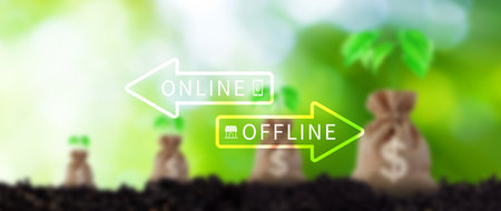 Online vs offline business sales or marketing strategy concept, Transition from offline to online in commerce business.の写真素材