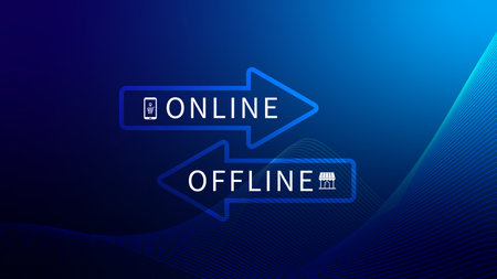 Online vs offline business sales or marketing strategy concept, Transition from offline to online in commerce business.の写真素材