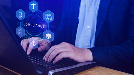Compliance. Compliance concept with icons and text. Regulations, law, standards, requirements, Rule, audit diagram on virtual screen, Business internet technologyの写真素材