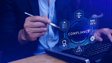 Compliance. Compliance concept with icons and text. Regulations, law, standards, requirements, Rule, audit diagram on virtual screen, Business internet technologyの写真素材