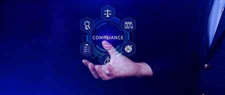 Compliance. Compliance concept with icons and text. Regulations, law, standards, requirements, Rule, audit diagram on virtual screen, Business internet technologyの写真素材