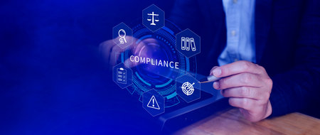 Compliance. Compliance concept with icons and text. Regulations, law, standards, requirements, Rule, audit diagram on virtual screen, Business internet technologyの写真素材