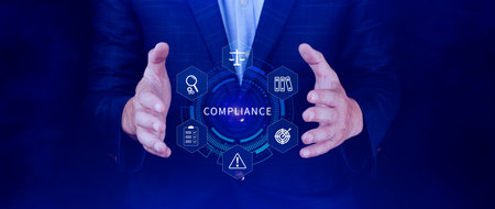 Compliance. Compliance concept with icons and text. Regulations, law, standards, requirements, Rule, audit diagram on virtual screen, Business internet technologyの写真素材