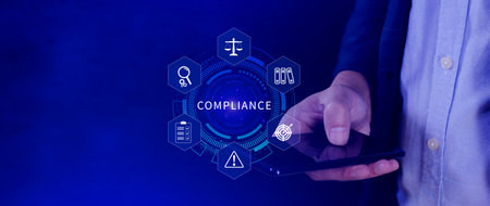 Compliance. Compliance concept with icons and text. Regulations, law, standards, requirements, Rule, audit diagram on virtual screen, Business internet technologyの写真素材